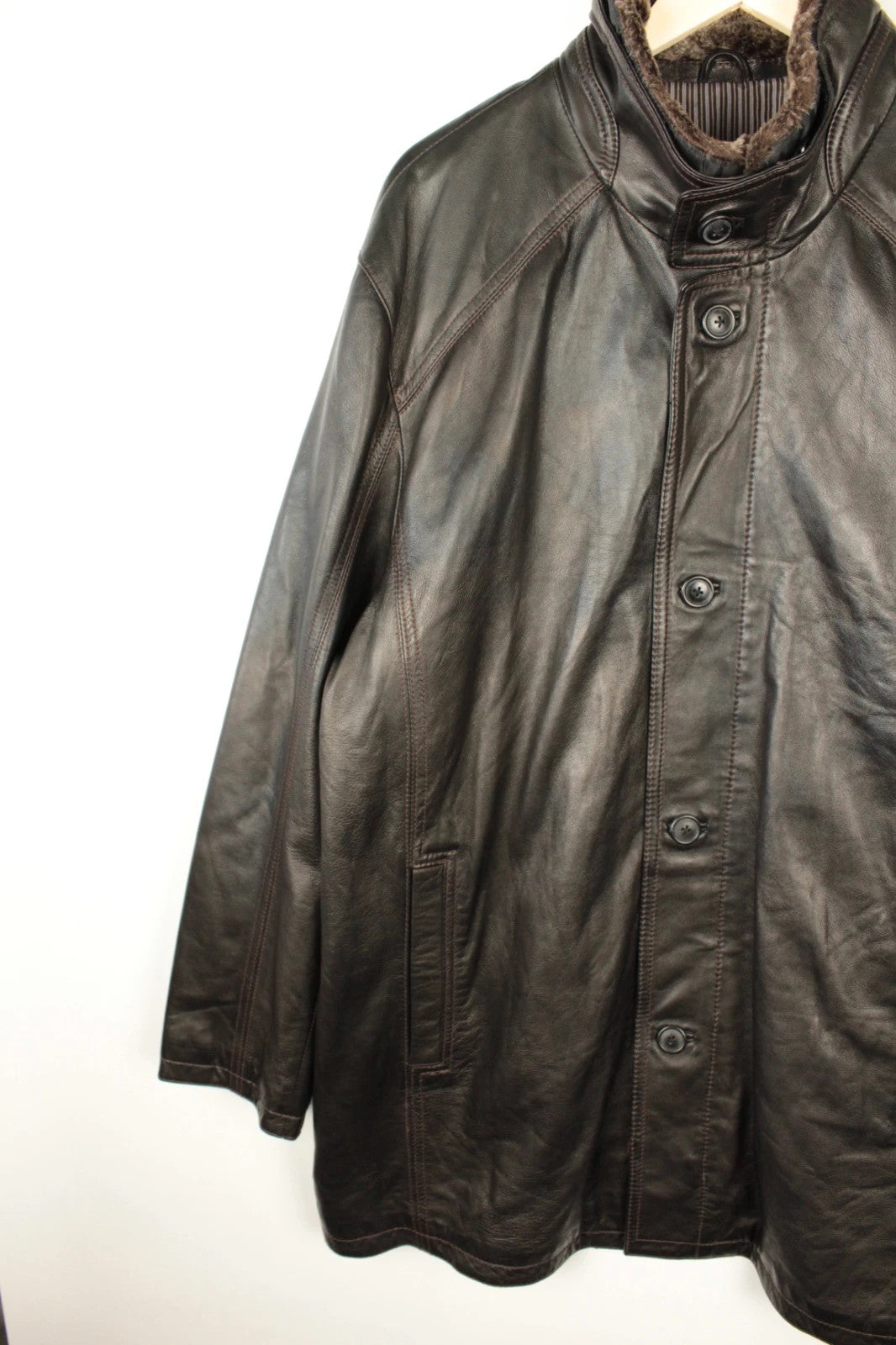 Leatherman dark brown leather coat with Thermolite lining and vintage character details.