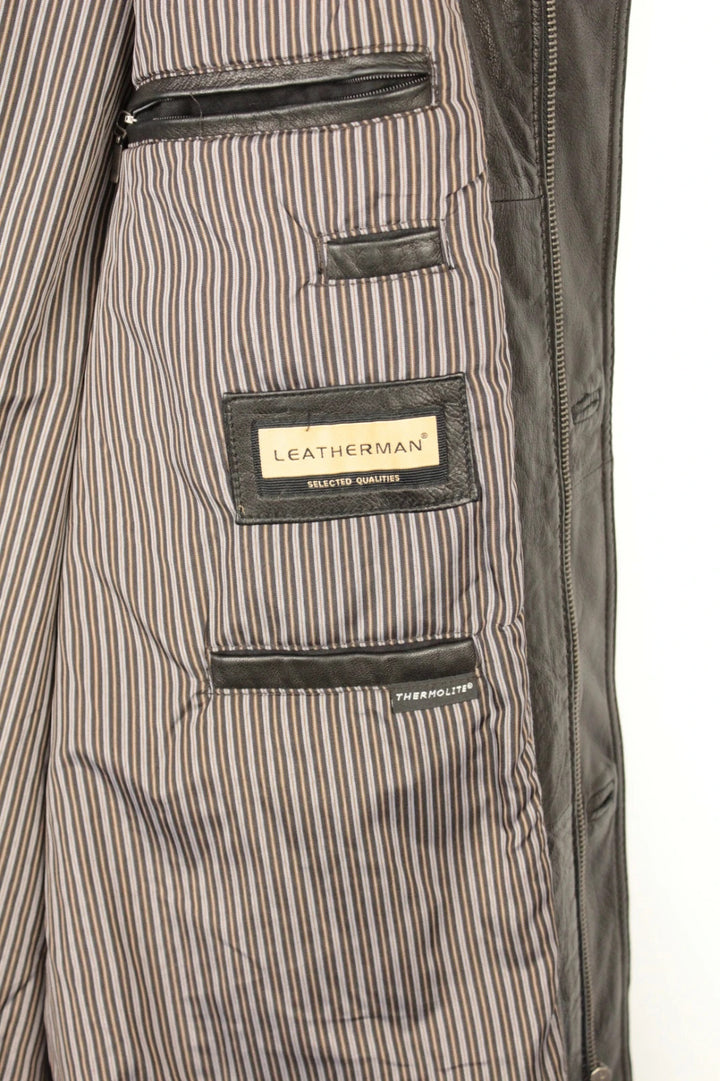 Leatherman dark brown leather coat with Thermolite lining and vintage character details.