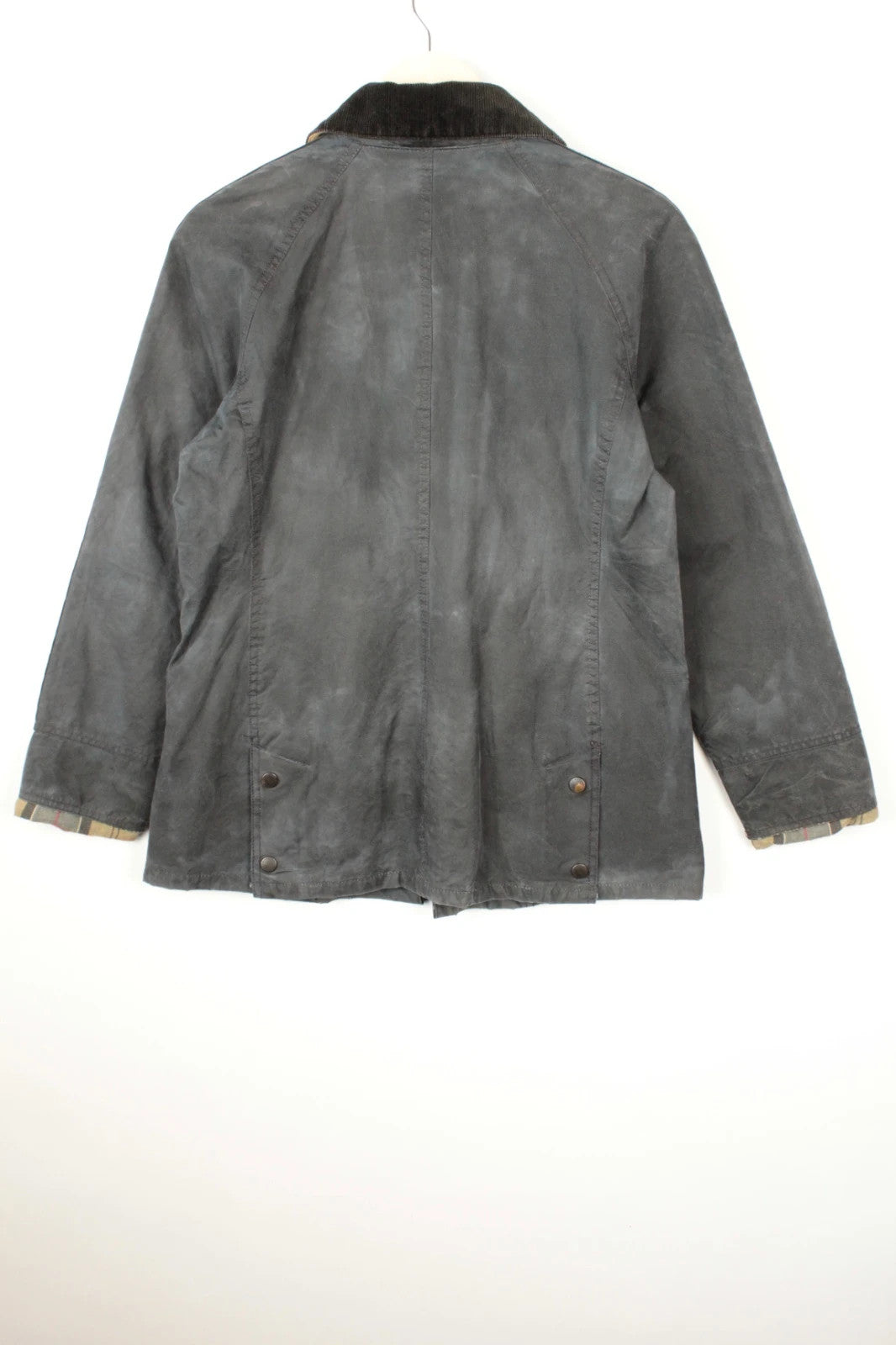 Barbour grey navy waxed cotton jacket with tartan lining and corduroy collar.