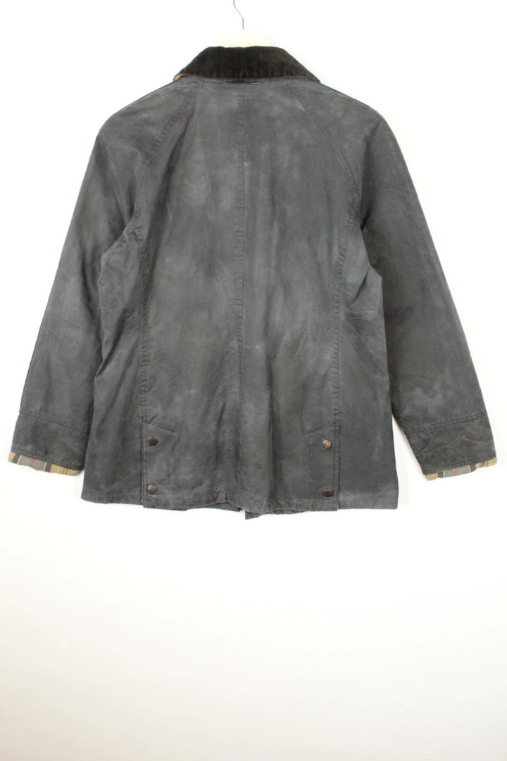 Barbour grey navy waxed cotton jacket with tartan lining and corduroy collar.