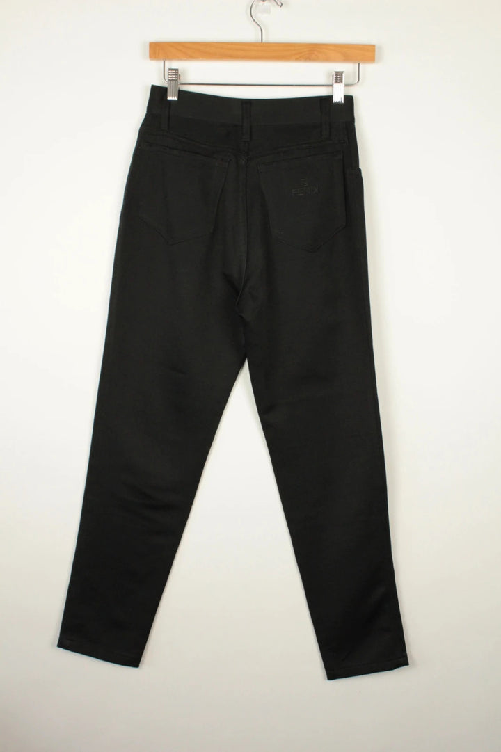 Fendi black wide-leg trousers, high-waisted, premium polyester fabric, 1990s vintage style.