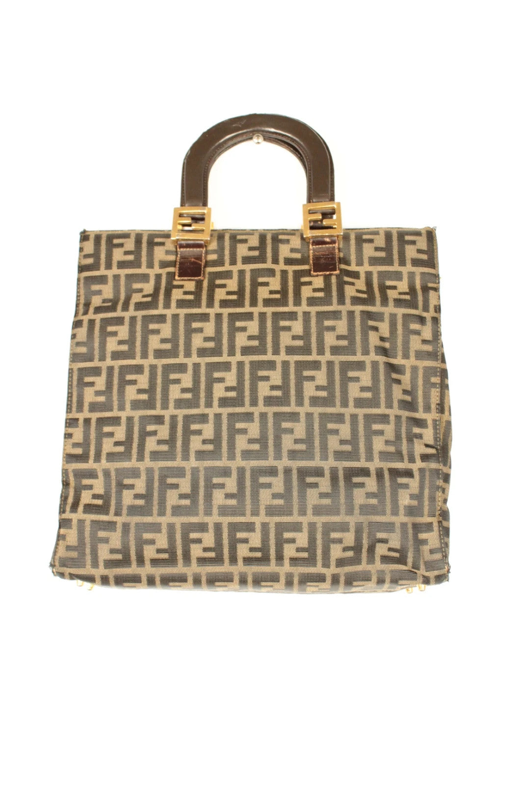 Fendi shopping tote bag beige brown Zucca monogram canvas with calf leather trim.