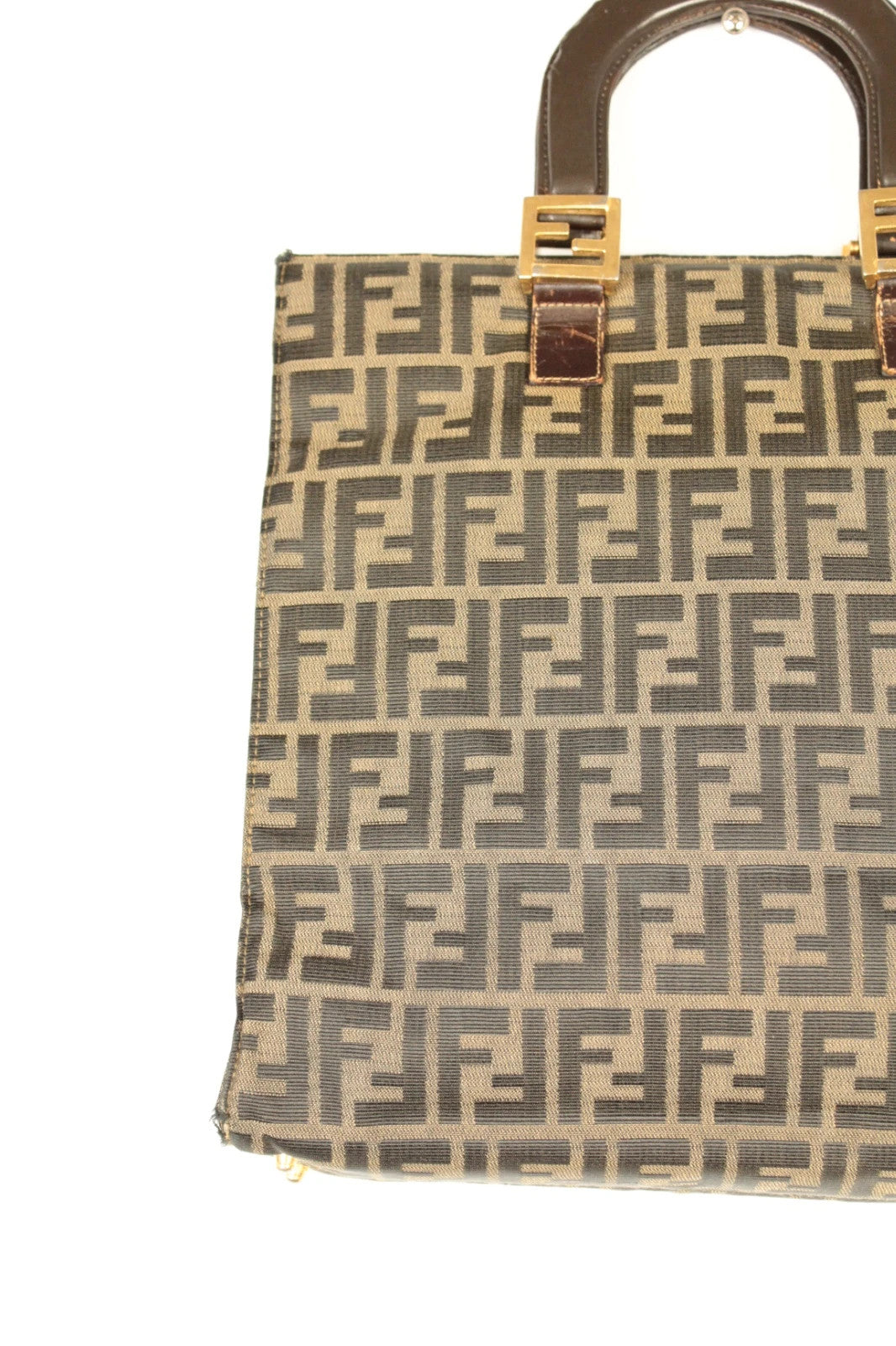 Fendi shopping tote bag beige brown Zucca monogram canvas with calf leather trim.