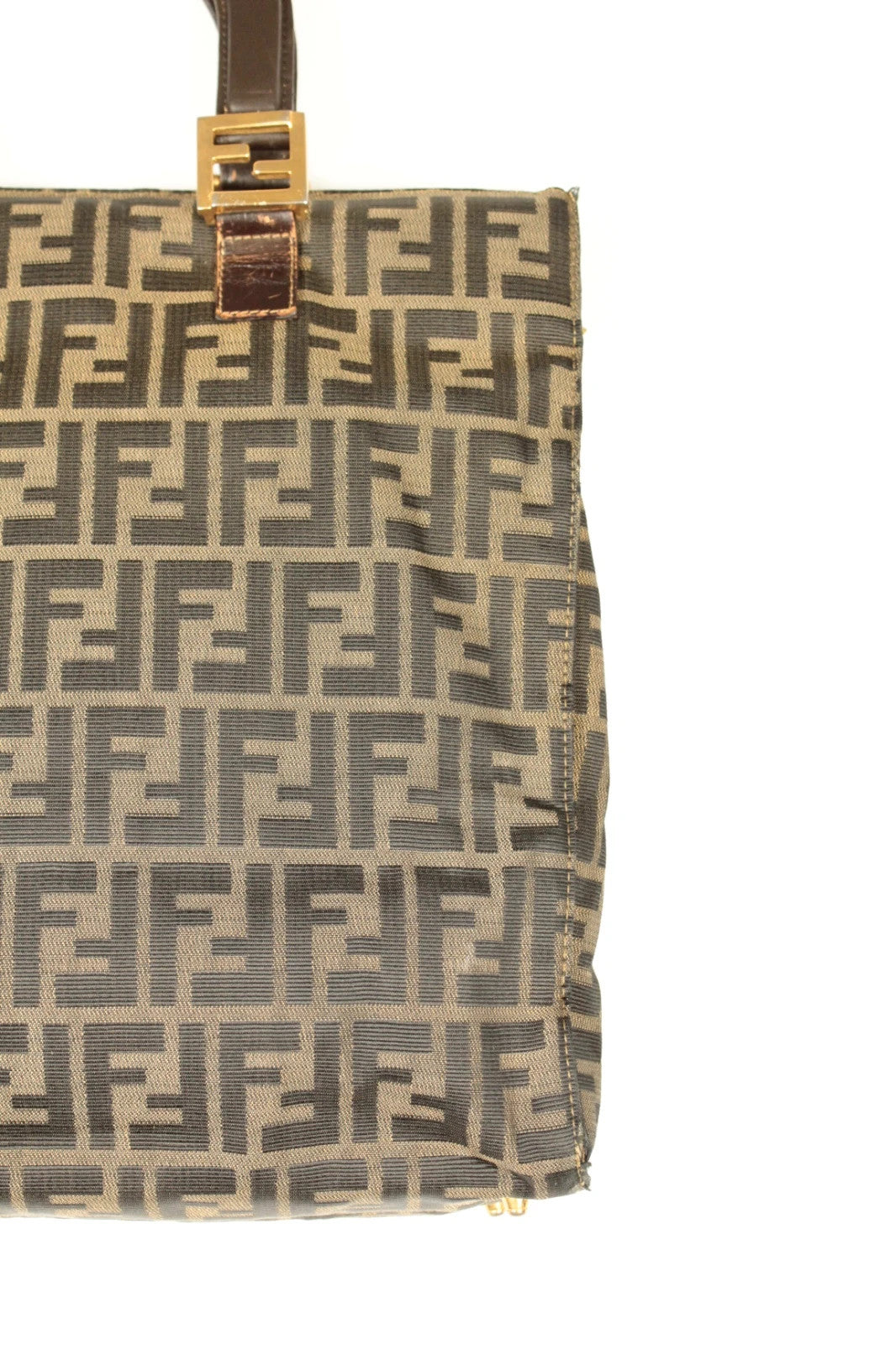 Fendi shopping tote bag beige brown Zucca monogram canvas with calf leather trim.