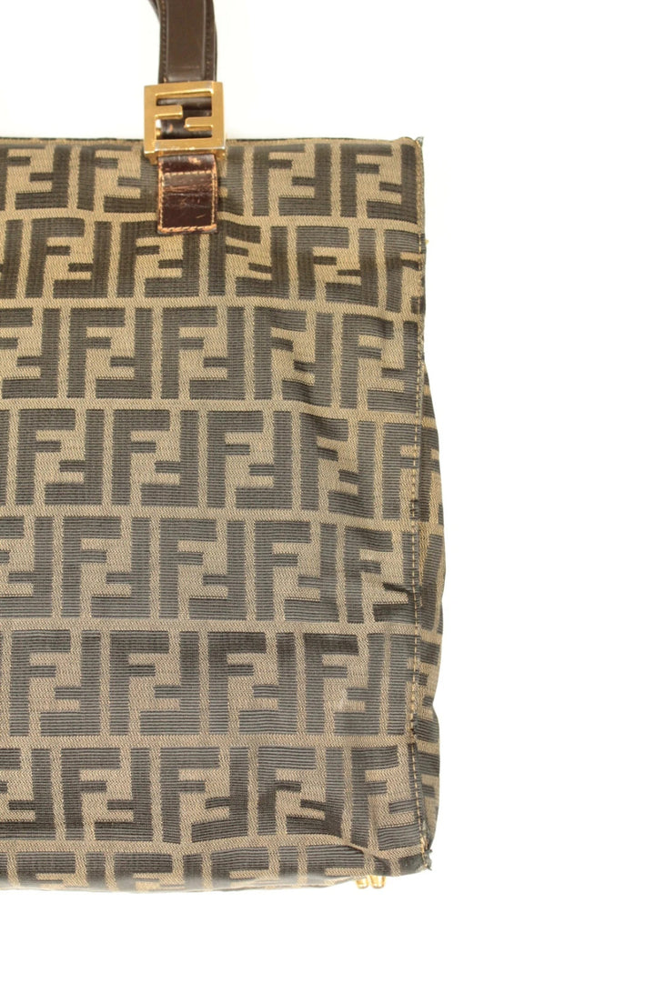 Fendi shopping tote bag beige brown Zucca monogram canvas with calf leather trim.