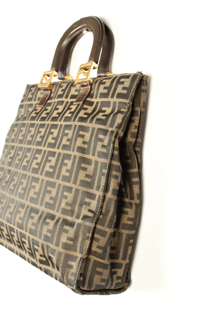 Fendi shopping tote bag beige brown Zucca monogram canvas with calf leather trim.