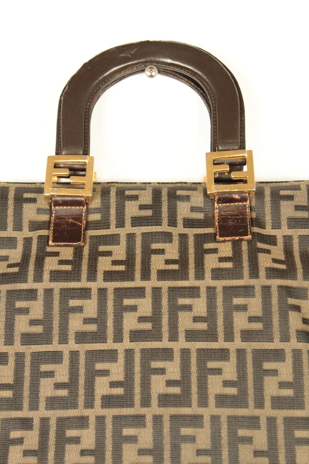 Fendi shopping tote bag beige brown Zucca monogram canvas with calf leather trim.