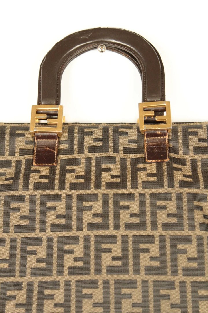 Fendi shopping tote bag beige brown Zucca monogram canvas with calf leather trim.
