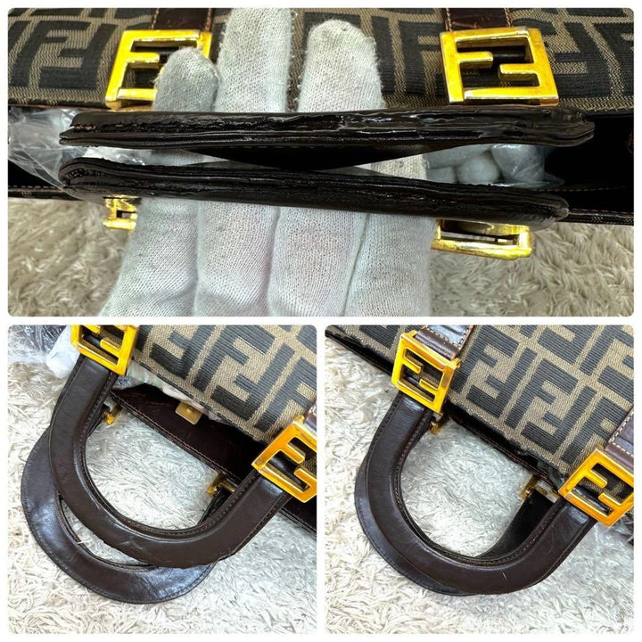 Fendi shopping tote bag beige brown Zucca monogram canvas with calf leather trim.