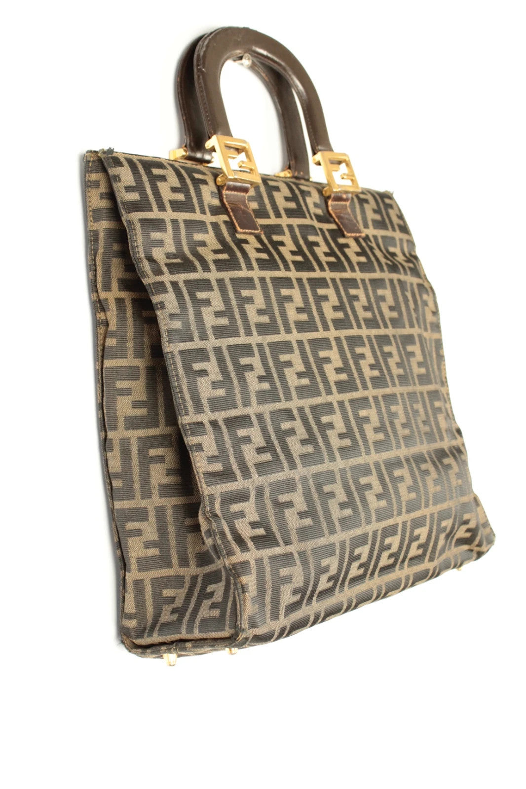 Fendi shopping tote bag beige brown Zucca monogram canvas with calf leather trim.