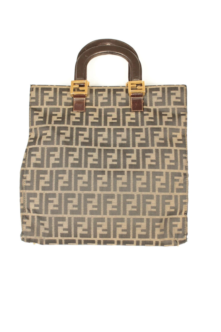 Fendi shopping tote bag beige brown Zucca monogram canvas with calf leather trim.