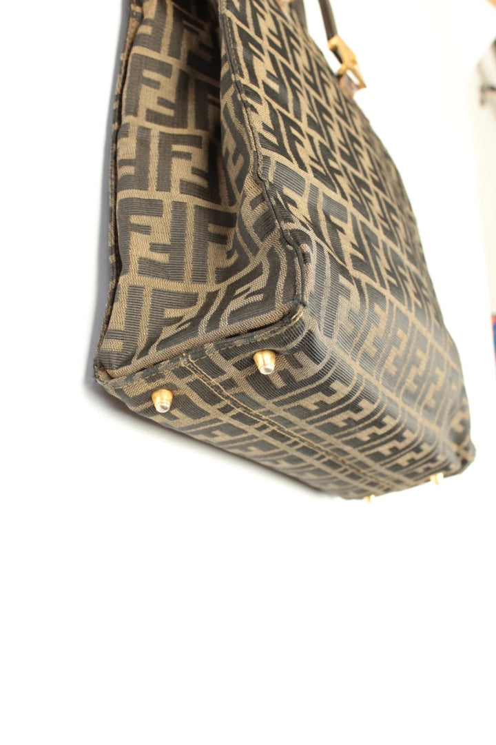 Fendi shopping tote bag beige brown Zucca monogram canvas with calf leather trim.