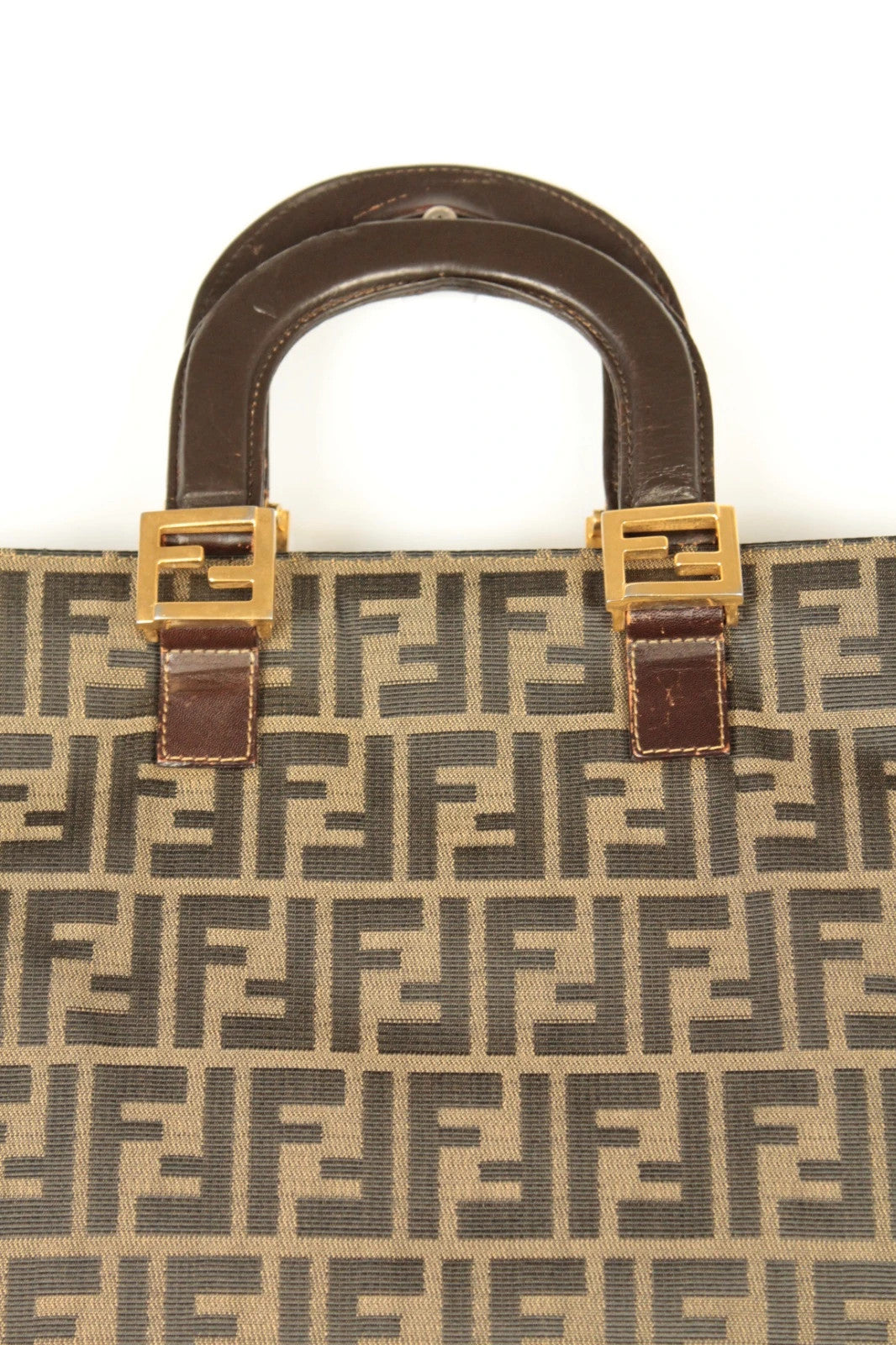Fendi shopping tote bag beige brown Zucca monogram canvas with calf leather trim.