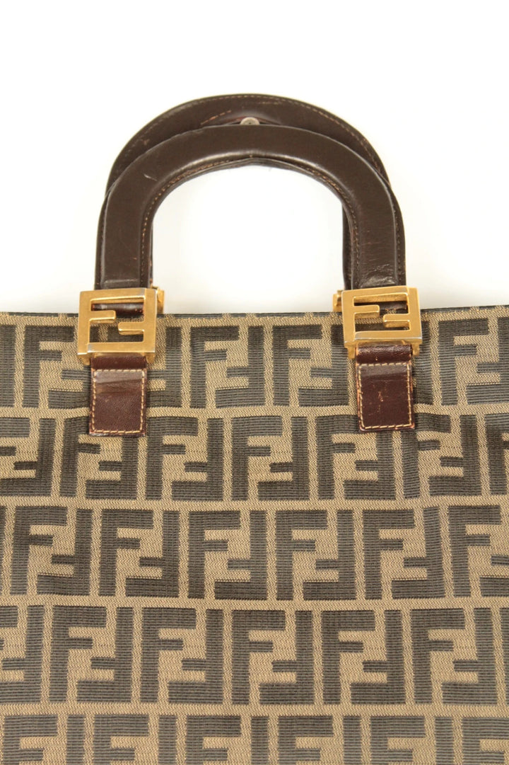 Fendi shopping tote bag beige brown Zucca monogram canvas with calf leather trim.