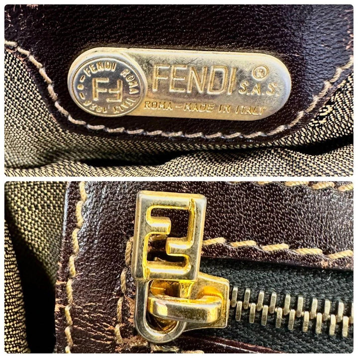 Fendi shopping tote bag beige brown Zucca monogram canvas with calf leather trim.