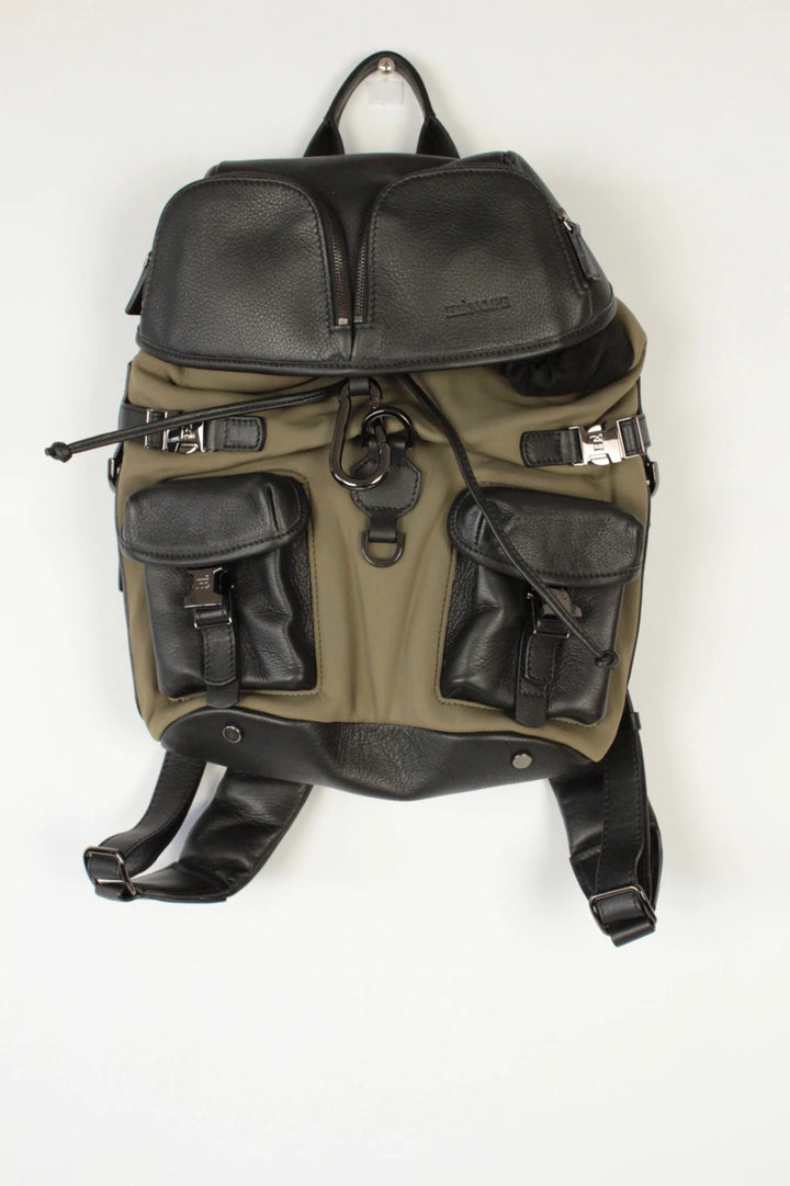 Hènope black and military green neoprene backpack with calf leather trim and gunmetal hardware.
