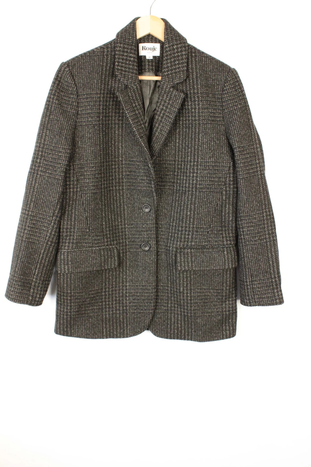 Rouje grey checked wool blazer jacket with branded buttons and smooth lining.
