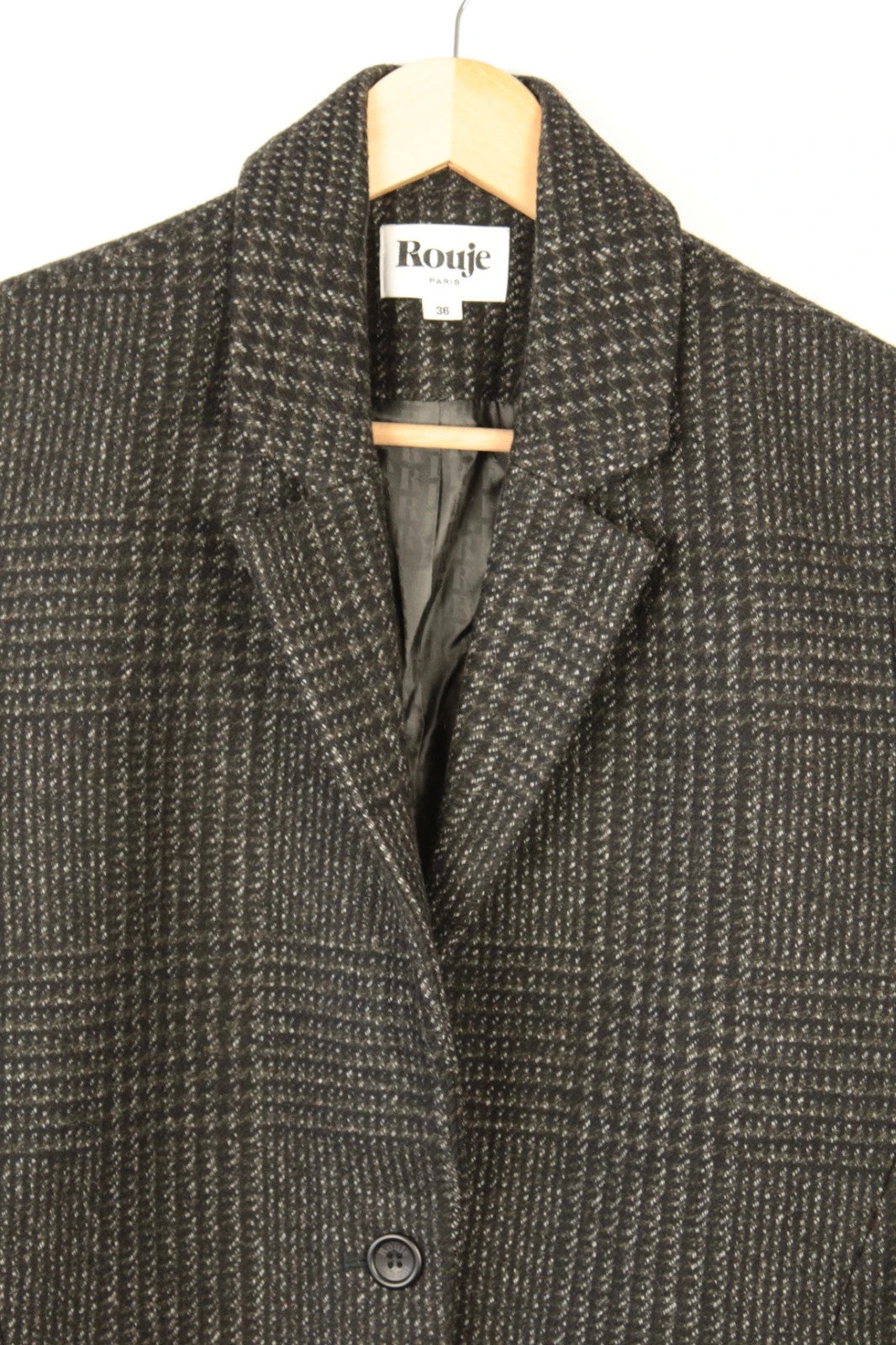 Rouje grey checked wool blazer jacket with branded buttons and smooth lining.