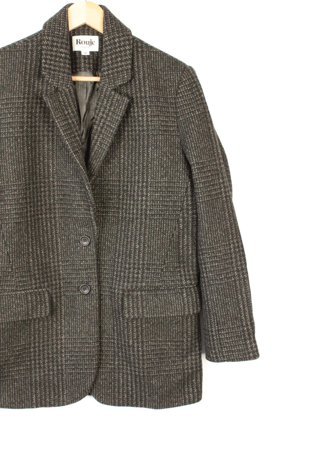 Rouje grey checked wool blazer jacket with branded buttons and smooth lining.
