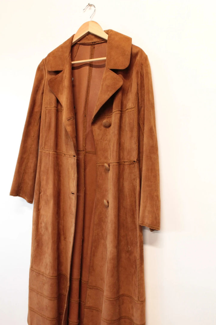 Suede tan brown trench coat with full-length design and premium satin lining.