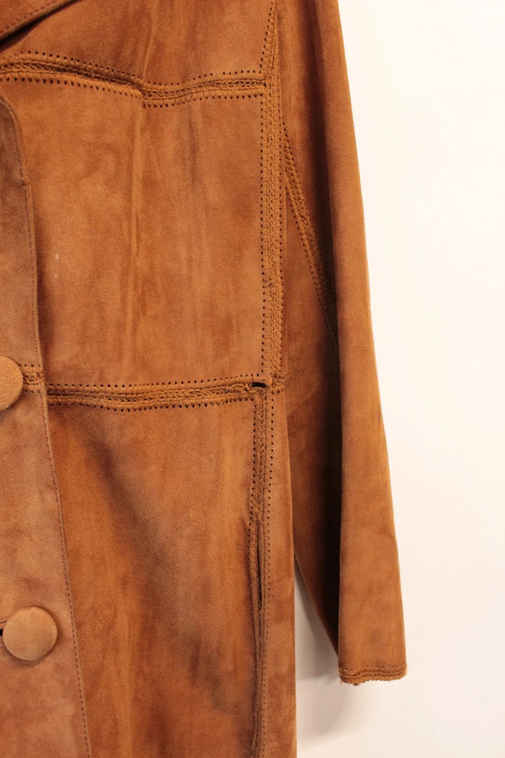 Suede tan brown trench coat with full-length design and premium satin lining.