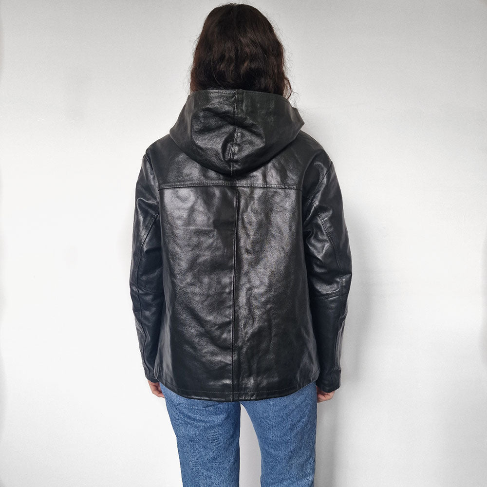 Dark Green Leather Zip Up Hooded Jacket - UK 8-10