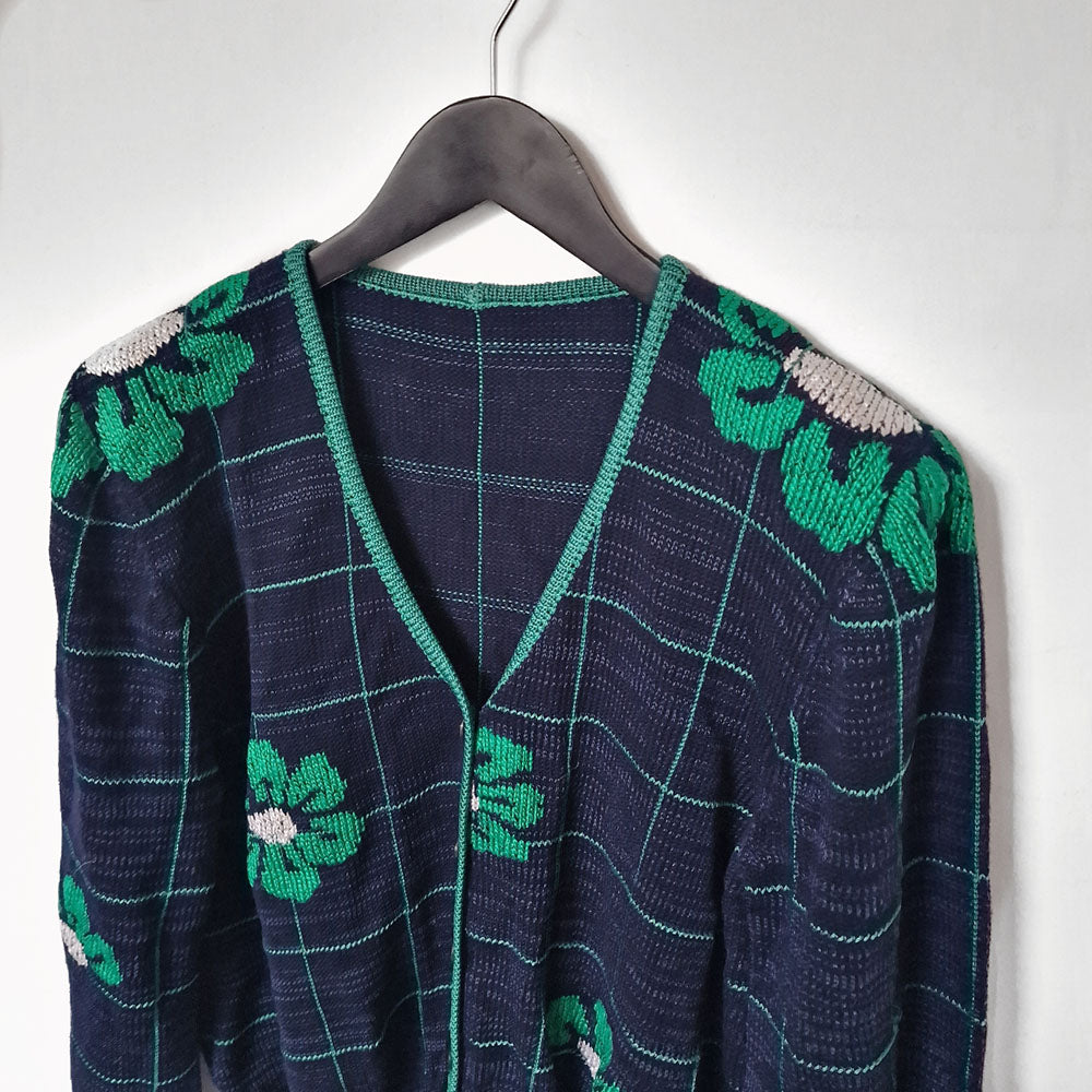 Navy Cardigan with Flower Grid Pattern - UK 10-12