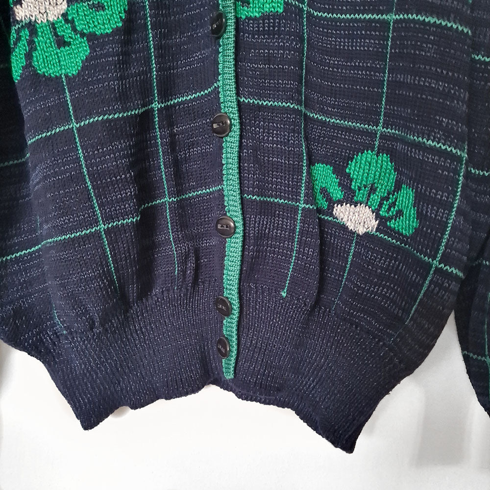 Navy Cardigan with Flower Grid Pattern - UK 10-12