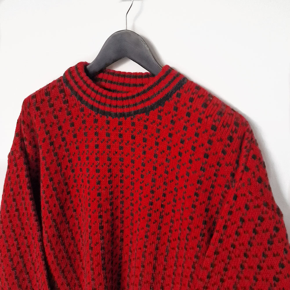 Red and Grey Crew Neck Wool Jumper - L
