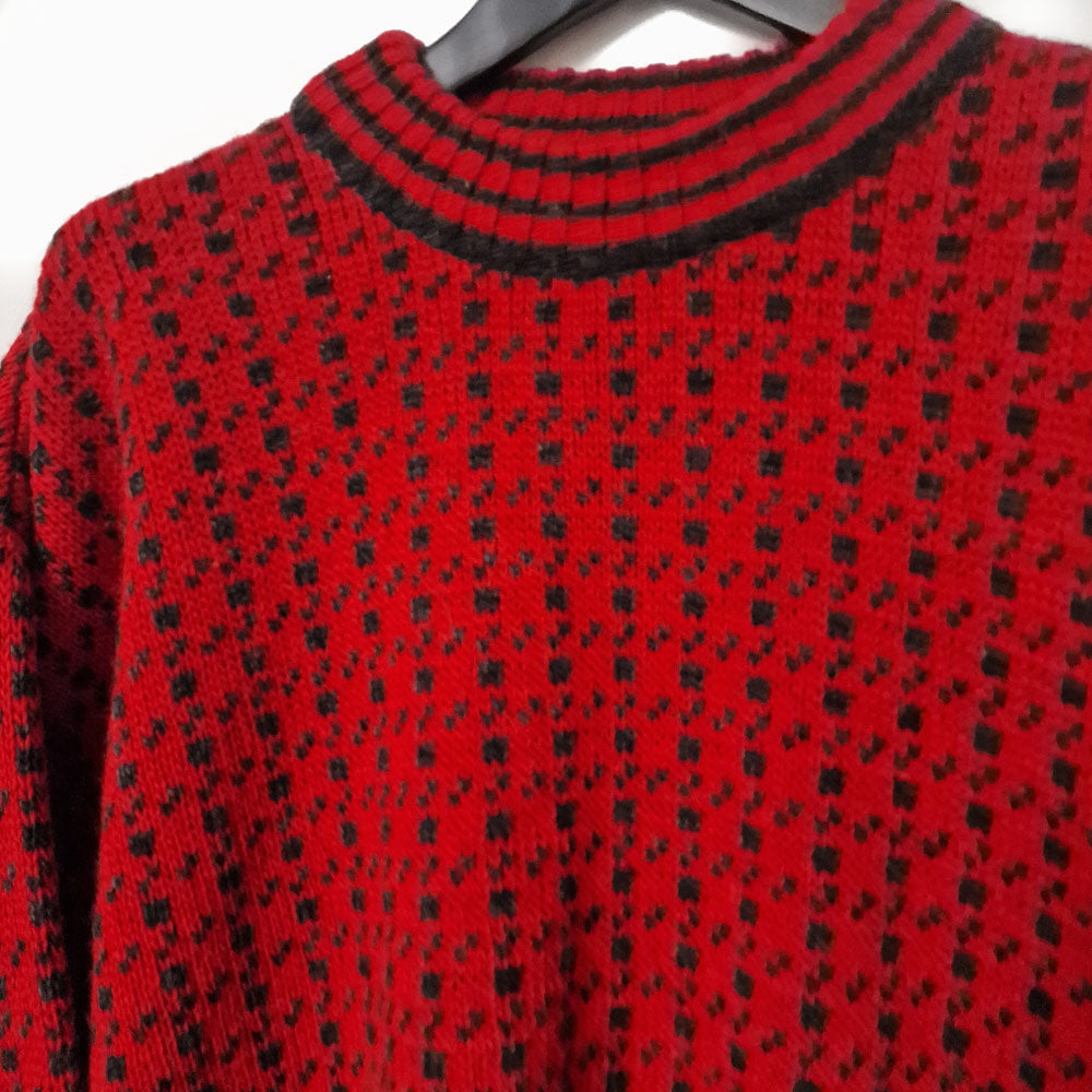 Red and Grey Crew Neck Wool Jumper - L