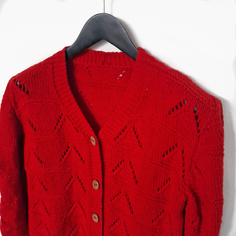 Red Wool V Neck pointelle Cardigan - UK 6-8