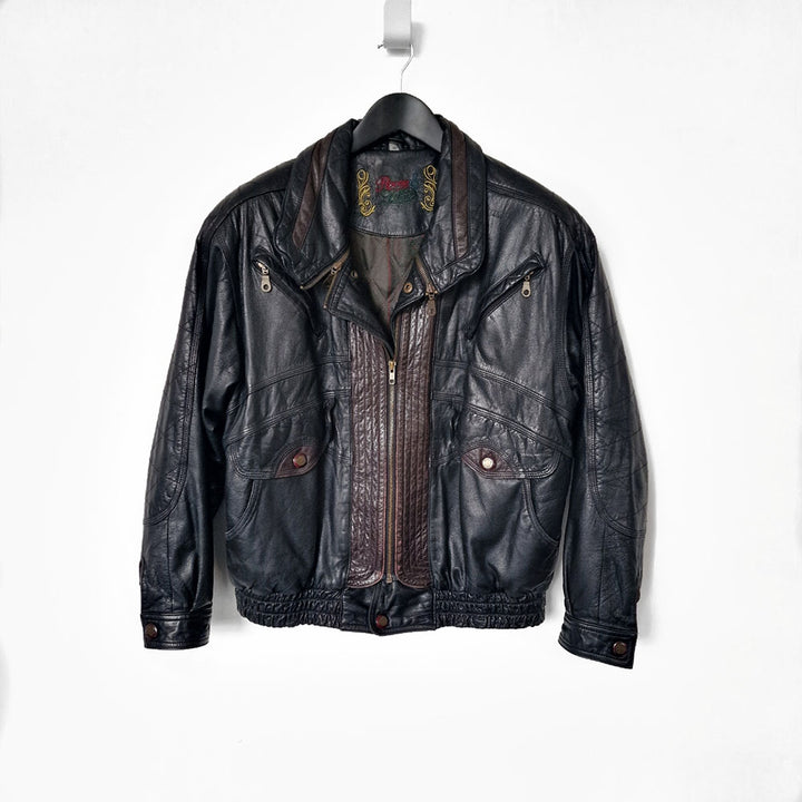 Black Leather Bomber Jacket - UK 10-14