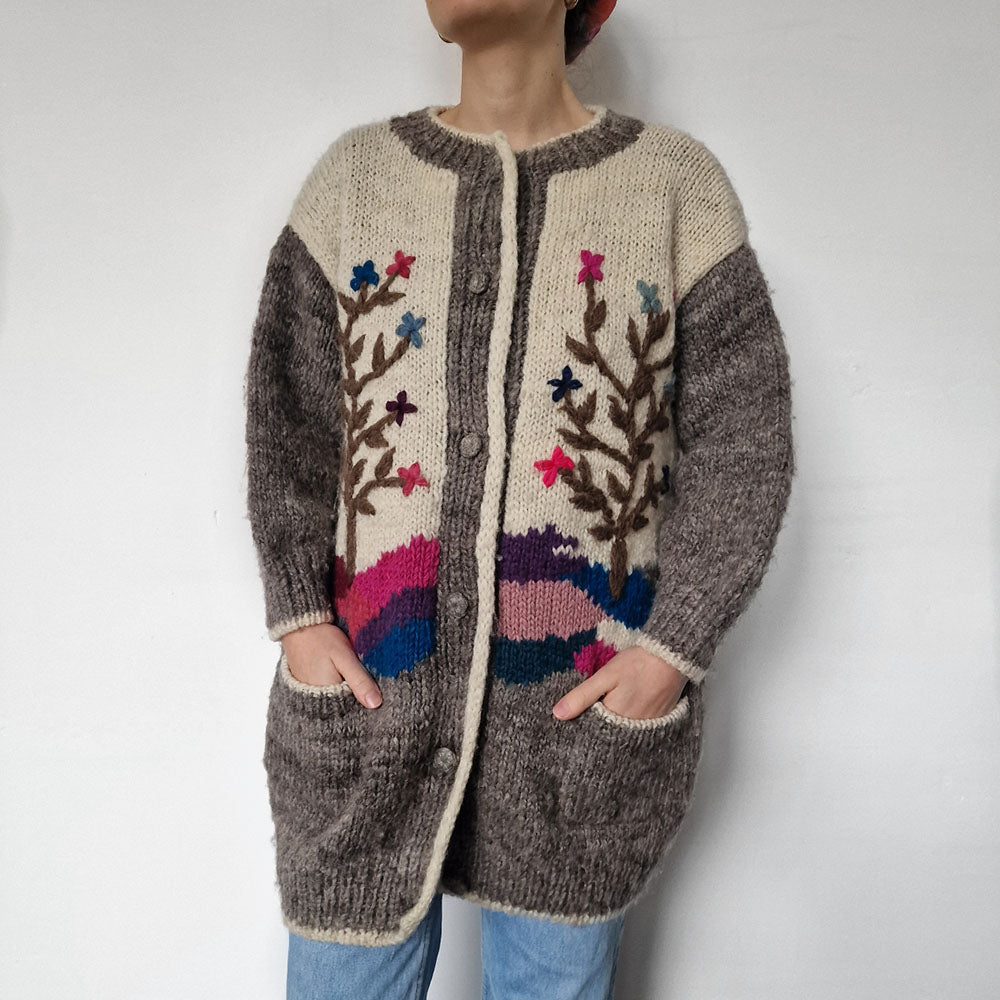 Handknit Chunky Wool Cardigan with Tree Embroidery - UK 8-12