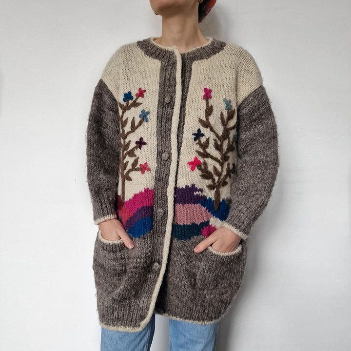 Handknit Chunky Wool Cardigan with Tree Embroidery - UK 8-12