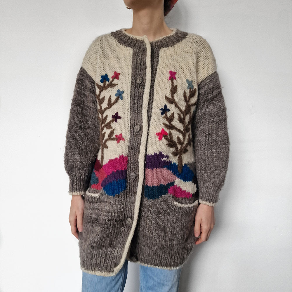 Handknit Chunky Wool Cardigan with Tree Embroidery - UK 8-12