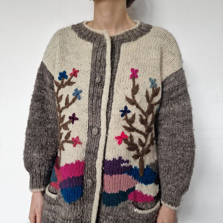 Handknit Chunky Wool Cardigan with Tree Embroidery - UK 8-12
