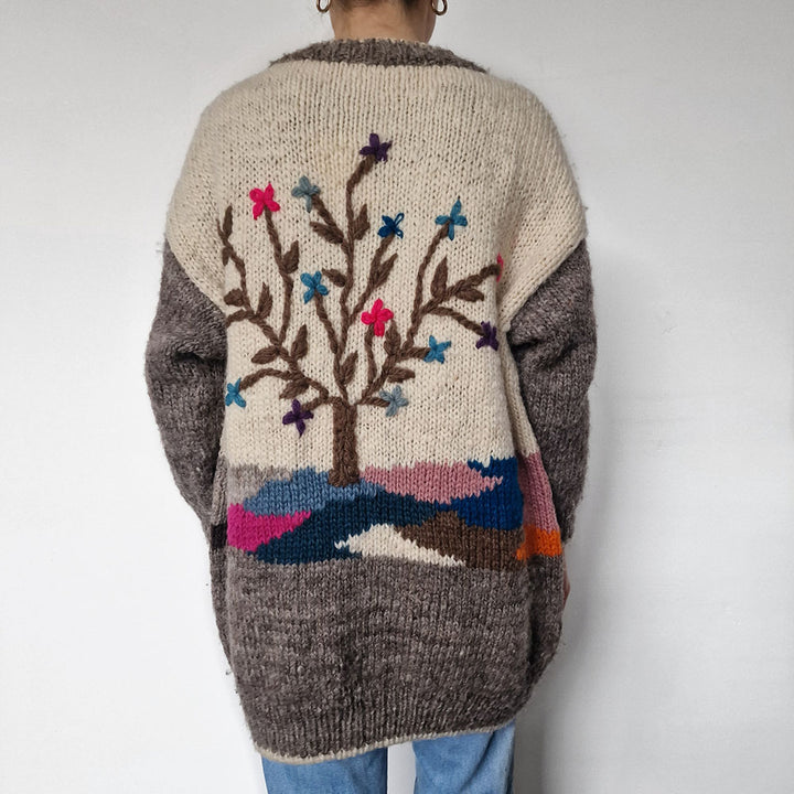 Handknit Chunky Wool Cardigan with Tree Embroidery - UK 8-12