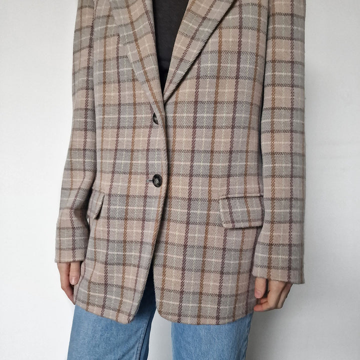 Marella Grey and Pink Check Wool Blend Blazer - UK 10-12