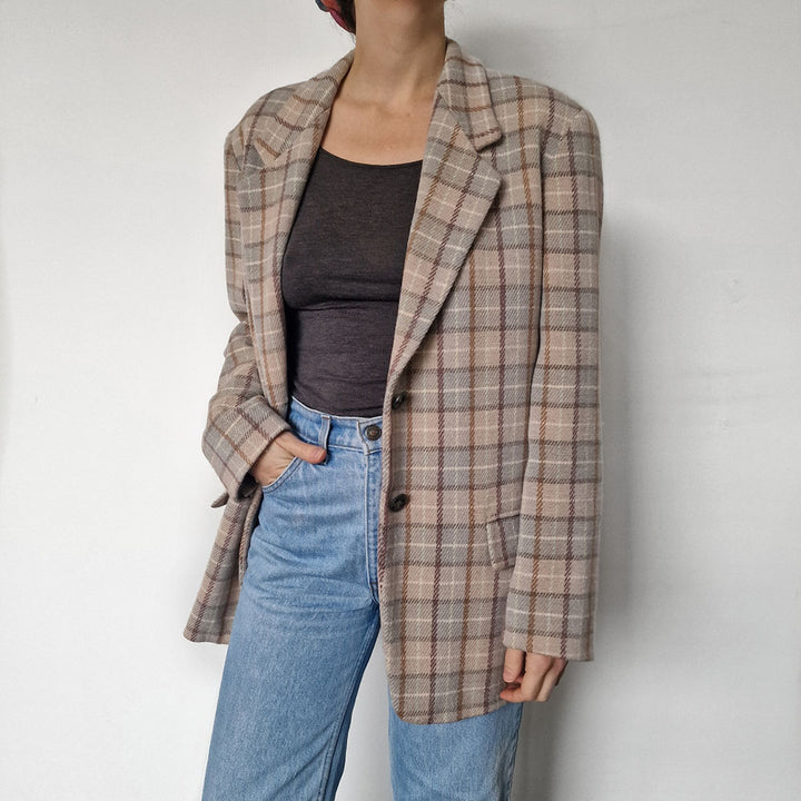 Marella Grey and Pink Check Wool Blend Blazer - UK 10-12