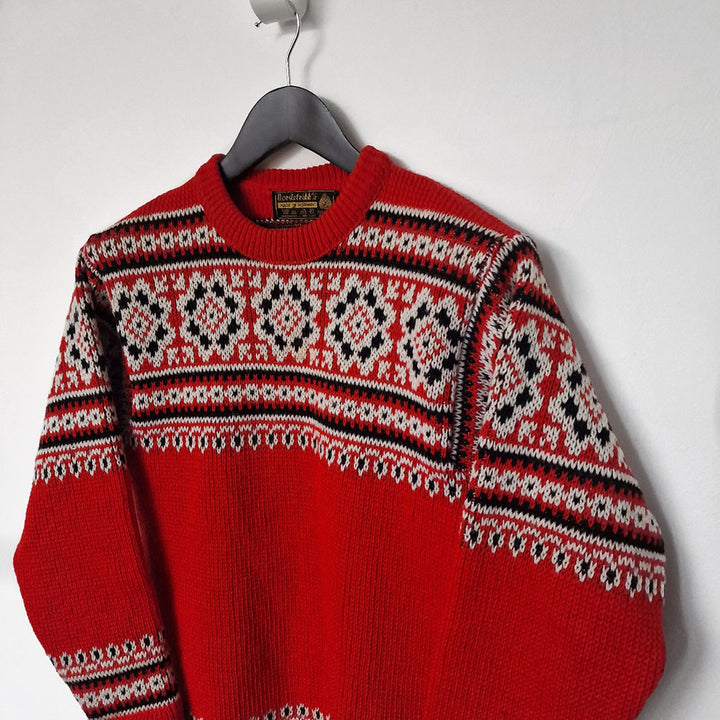 Nordic Red Wool Patterned Crew Neck Jumper - UK 8-10