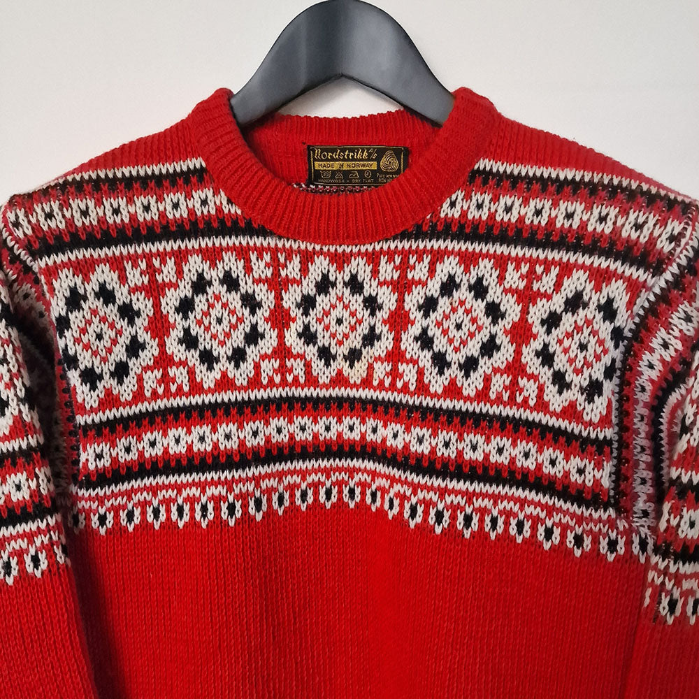 Nordic Red Wool Patterned Crew Neck Jumper - UK 8-10