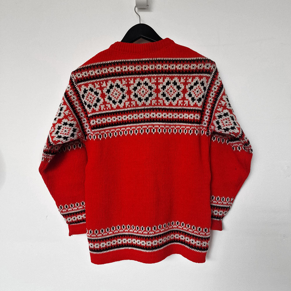 Nordic Red Wool Patterned Crew Neck Jumper - UK 8-10