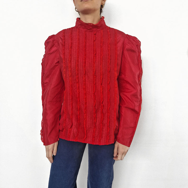 Red High Neck Lace & Pleat Detail Blouse - UK 12-14