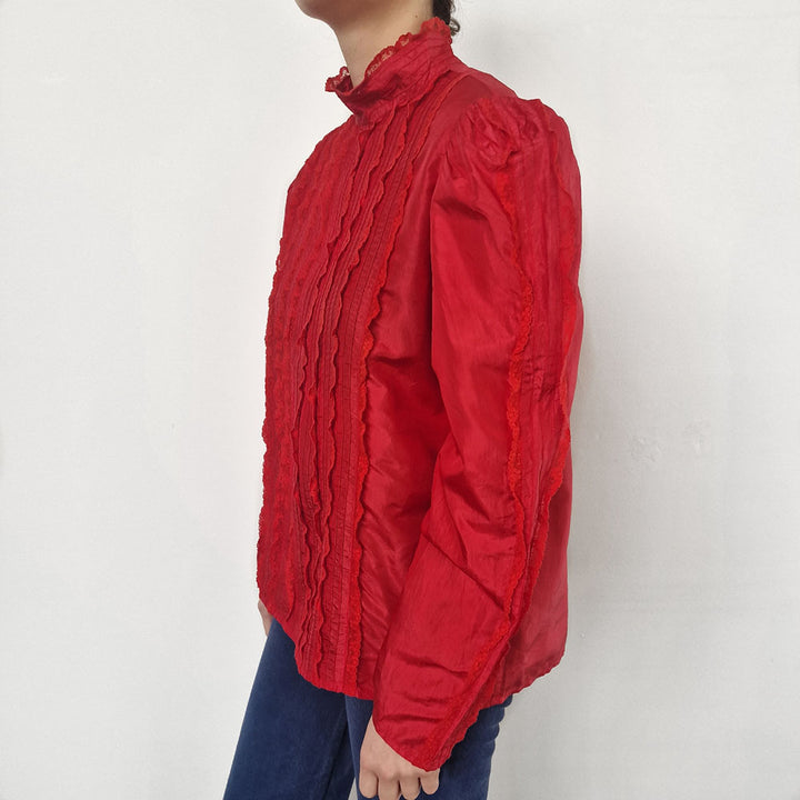 Red High Neck Lace & Pleat Detail Blouse - UK 12-14