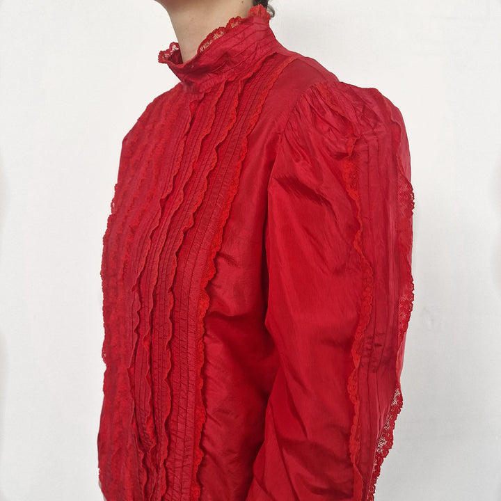 Red High Neck Lace & Pleat Detail Blouse - UK 12-14