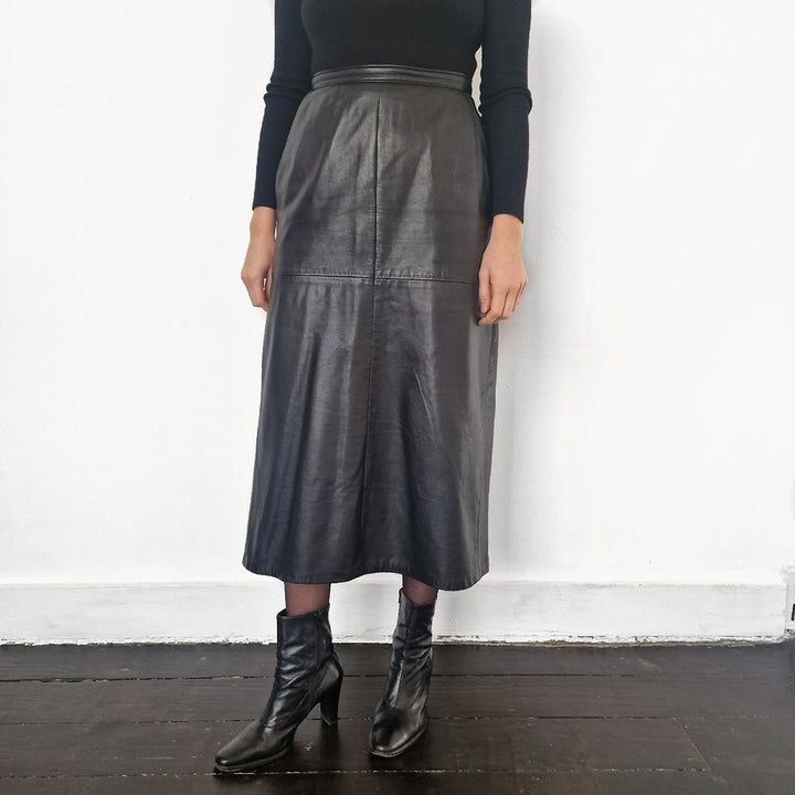 Black Leather Midi Skirt -UK 10