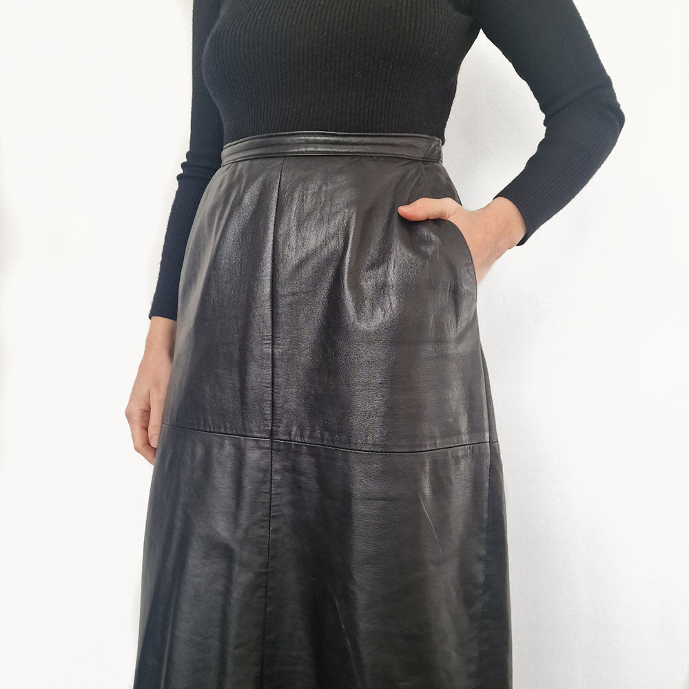 Black Leather Midi Skirt -UK 10