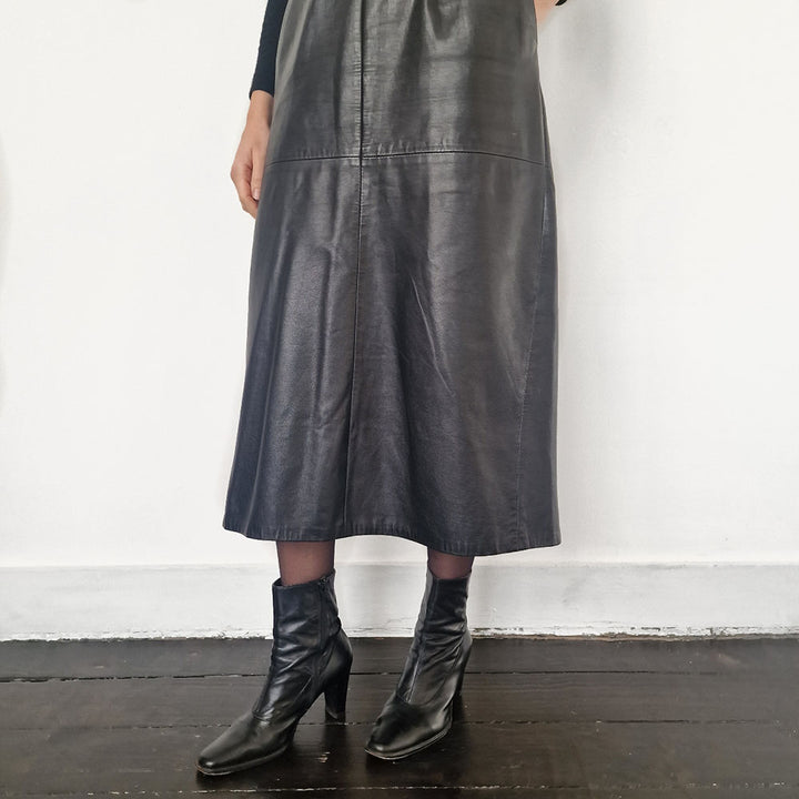 Black Leather Midi Skirt -UK 10