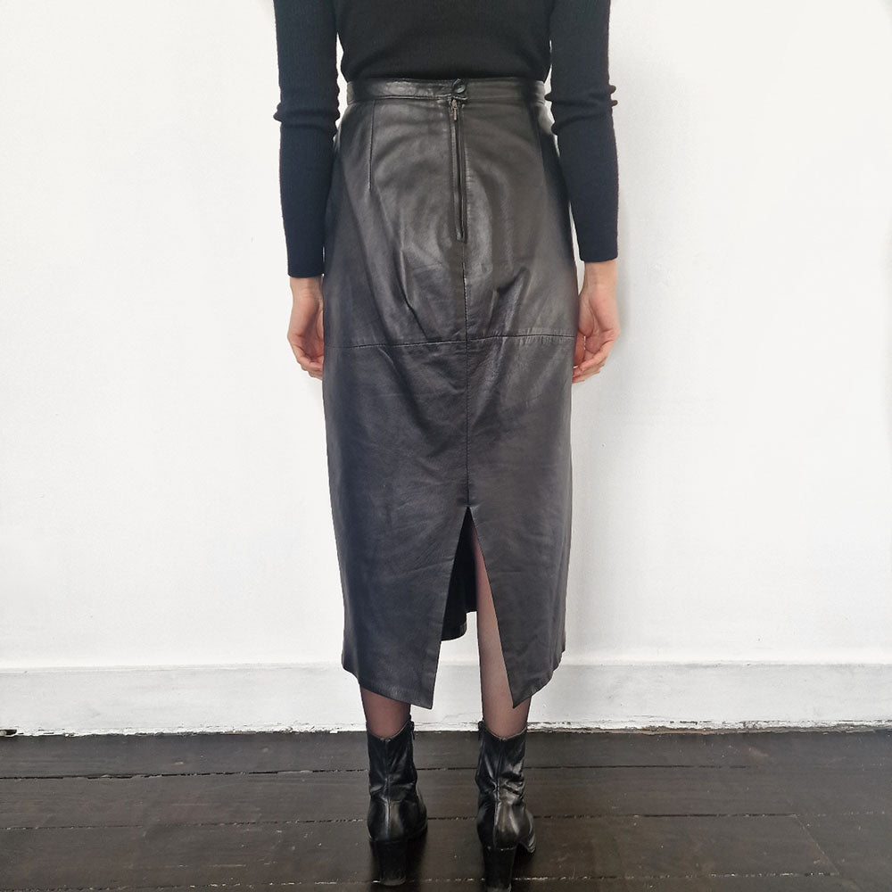 Black Leather Midi Skirt -UK 10