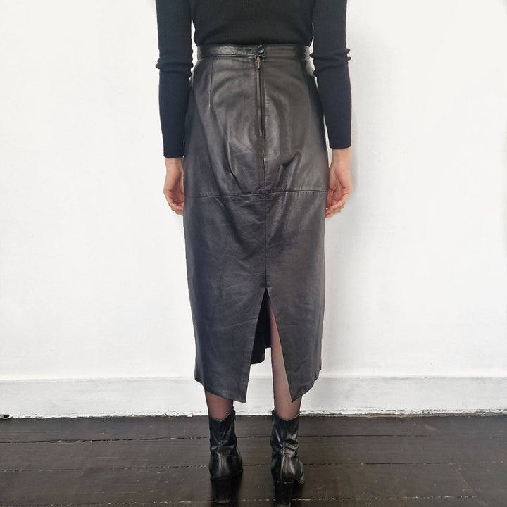 Black Leather Midi Skirt -UK 10